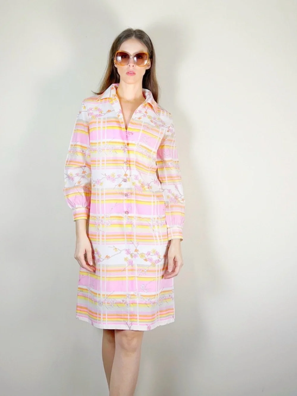Vintage 70s Pink and Yellow Midi Shirt Dress - Picture 5 of 7
